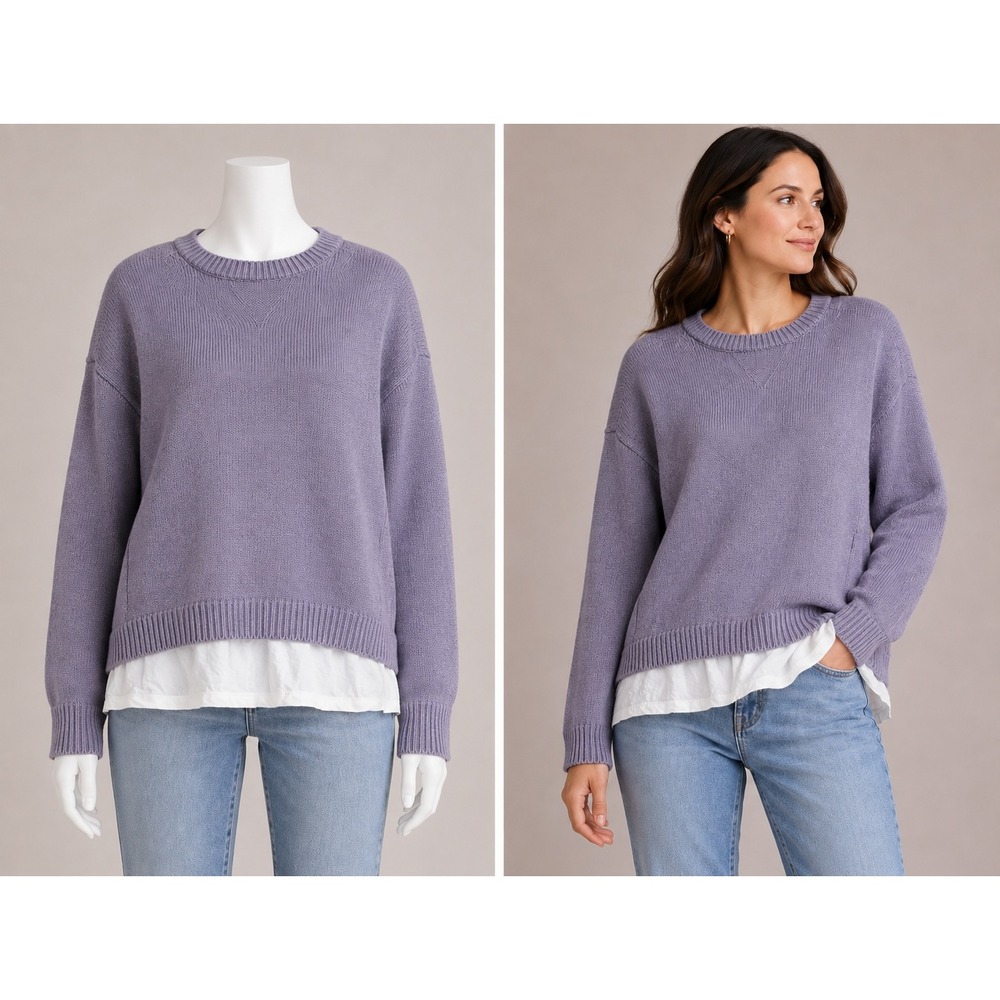 Brochu Walker Sweater Women S Purple Cashmere Cotton Layered Linen Trim Pullover